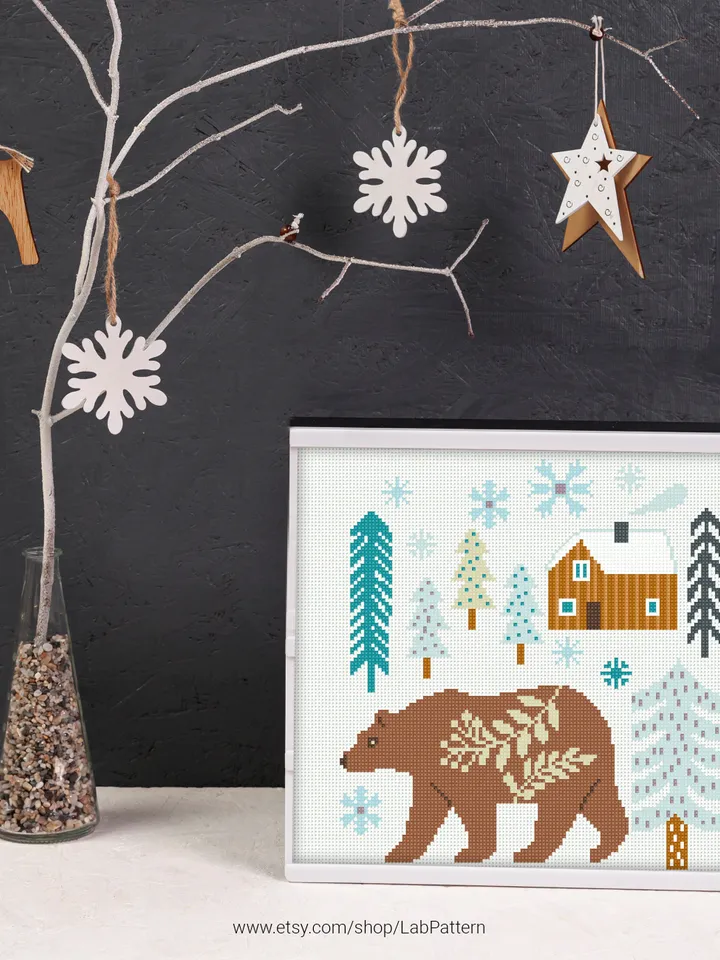Scandinavian Christmas Bear, ornament, New Year decor Holiday cross stitch pattern, counted, chart, gift DIY, embroidery, instant PDF