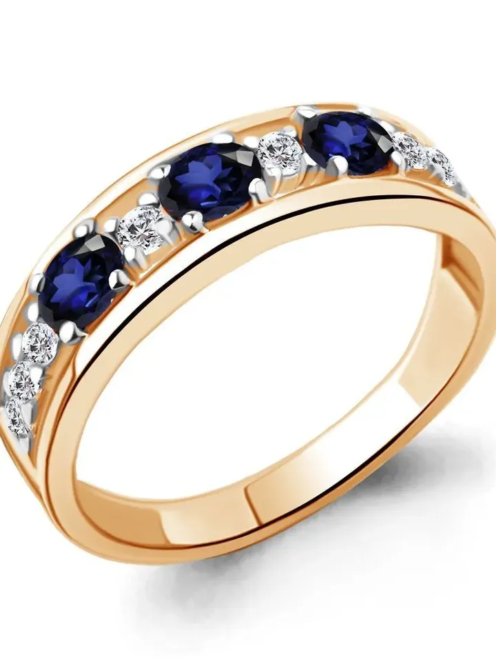Ring silver 925, gold plated with sapphires and cubic zirconia