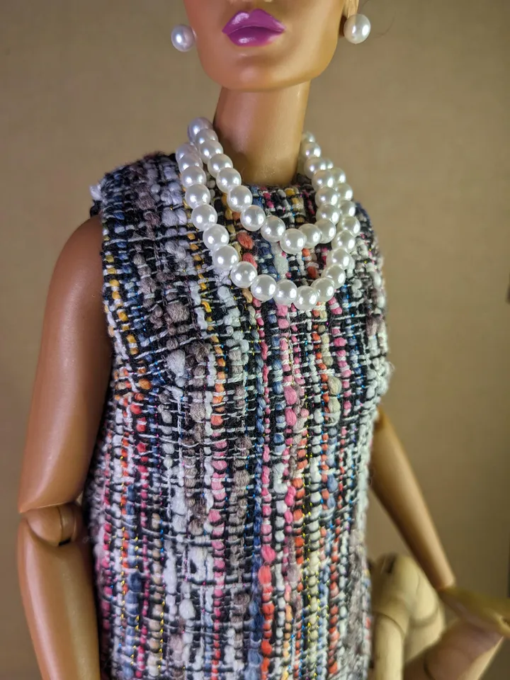 Handmade checked black & blue bouclé mini dress for 16-inch Fashion Royalty dolls (FR16)
