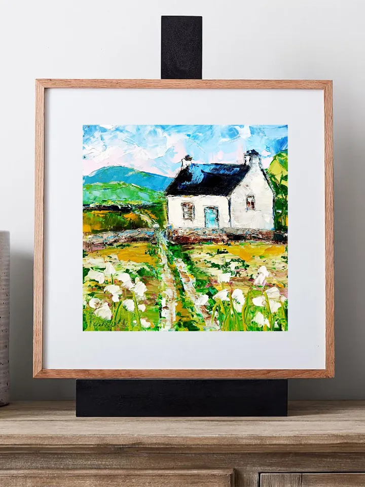 Ireland Painting White Cottage Original Art Abstract Landscape Impasto Oil Painting Small Gifts Cheap Original Art Gifts by ArtProkopaloSv