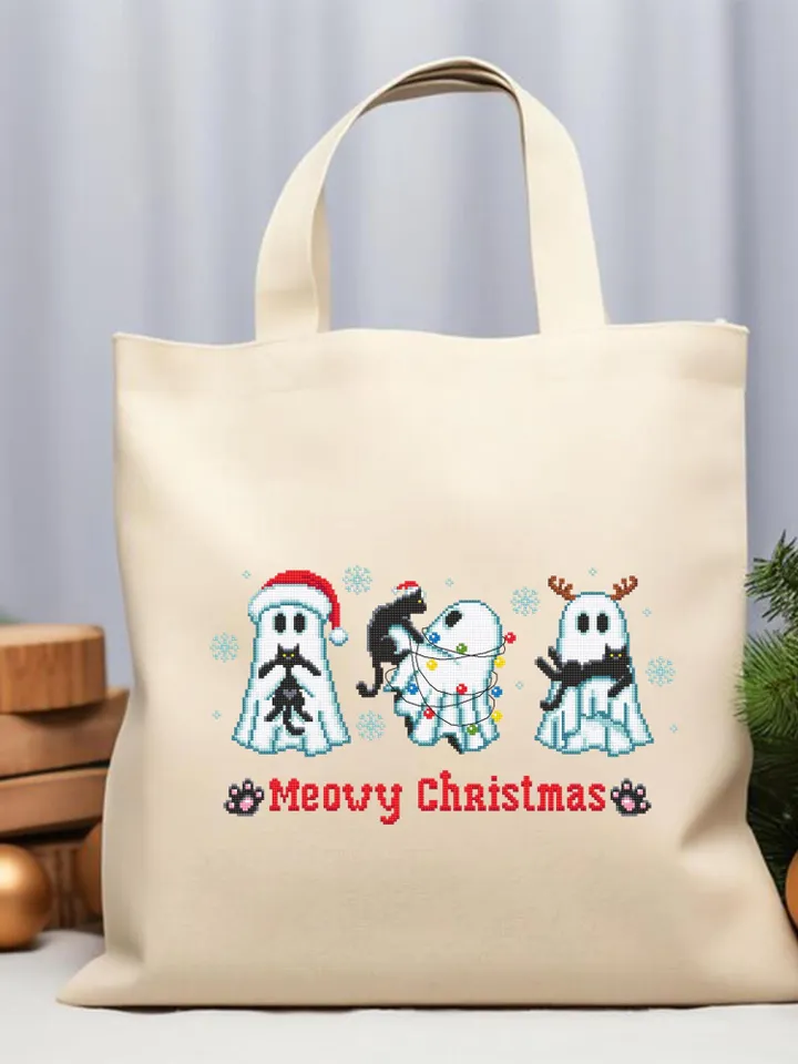Christmas ghost with black cat cross stitch pattern PDF download Cute ghost cross stitch chart, Meowy Christmas pattern digital PDF #N152