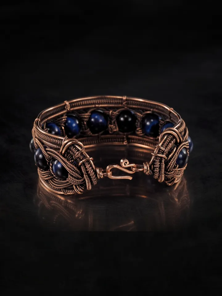Copper wire bracelet with natural falcon eye, 7th Wedding Anniversary gift