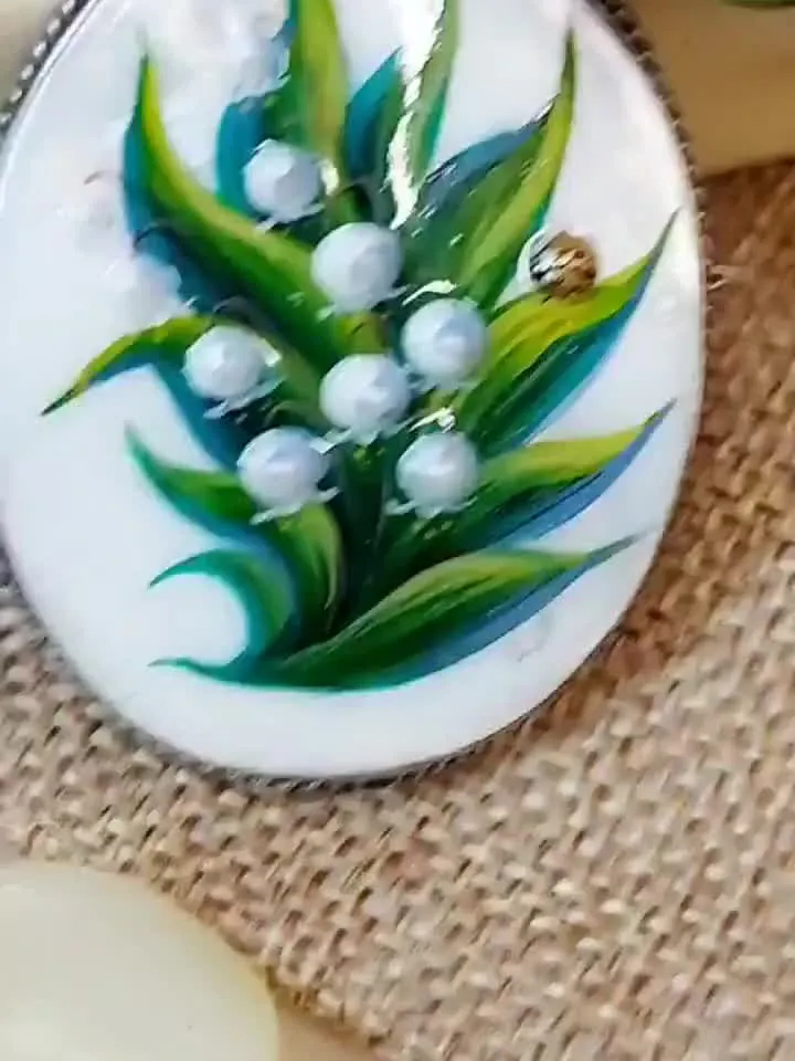 Brooches for women: Lily of the valley and Ladybug on Handmade jewelry brooch, hand painted shell brooch with May flower and lady beetle