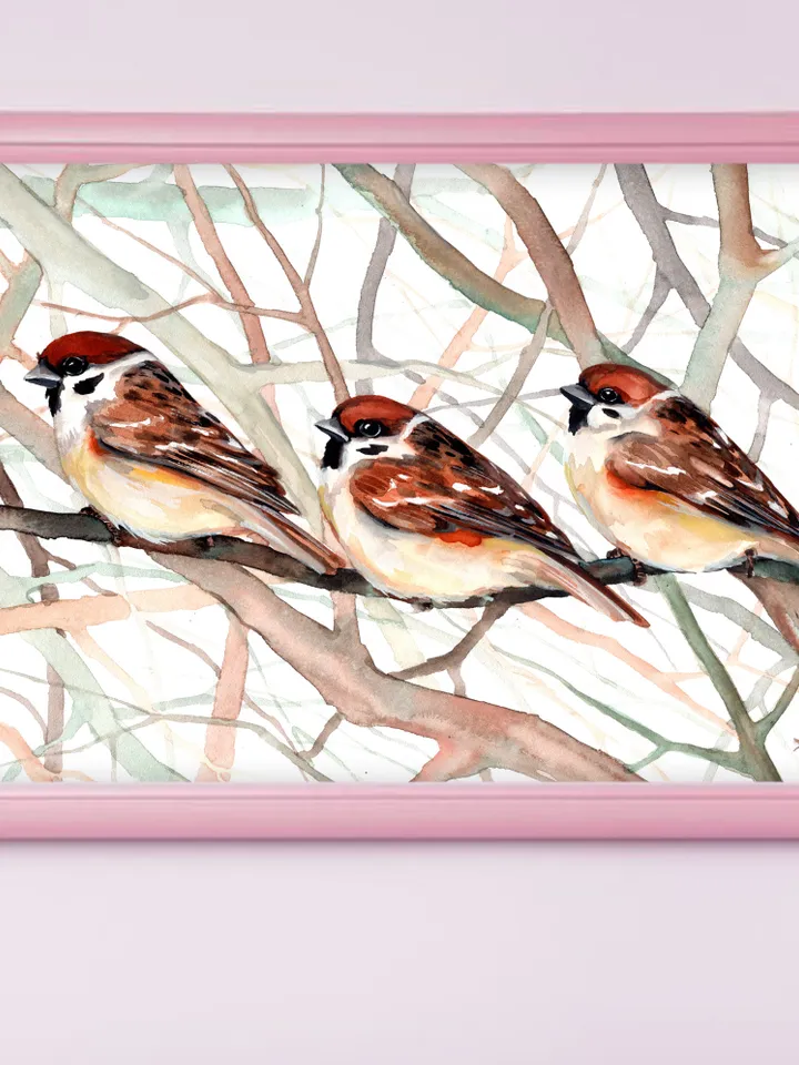 Original watercolor sparrows painting 8x11 in, sparrows on a branch by Anne Gorywine