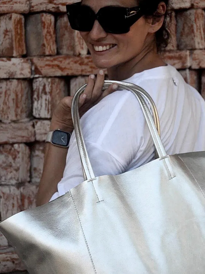 Genuine leather silver tote shopper big bag / everyday purse / handmade bags / designer bags / summer bag / gift for her