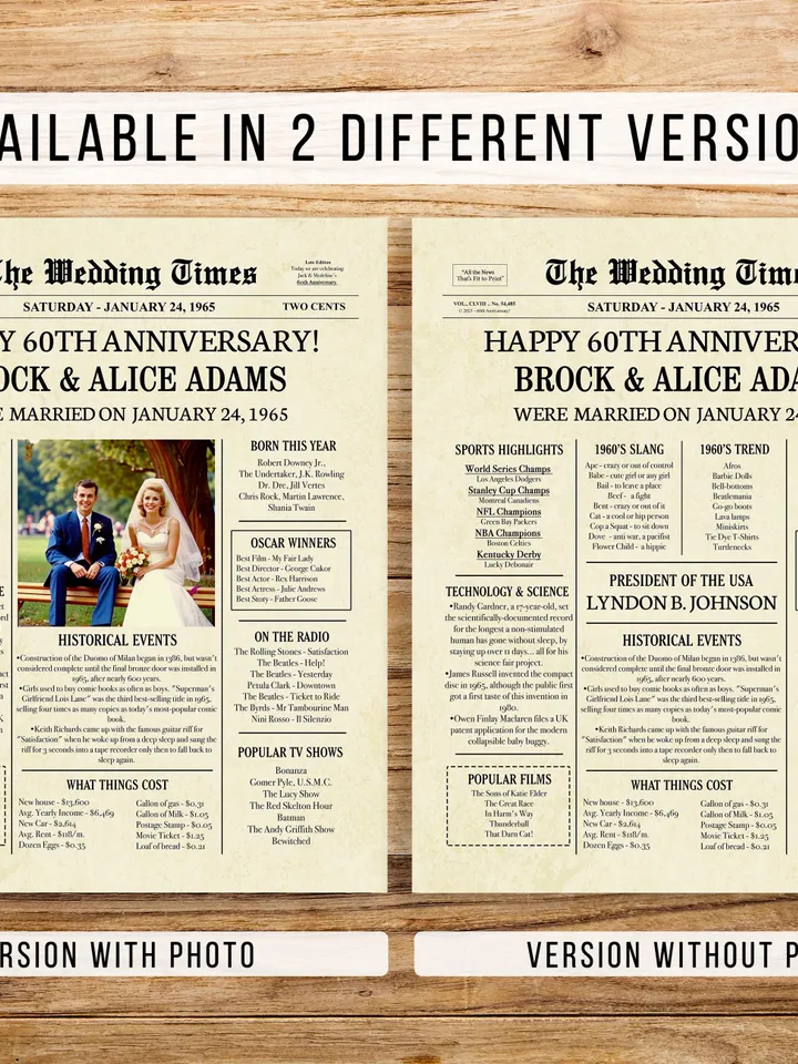 60th Wedding Anniversary Gift for Parents, 1965 Anniversary Newspaper Poster, 60th Anniversary Party Decor, Printable Digital File