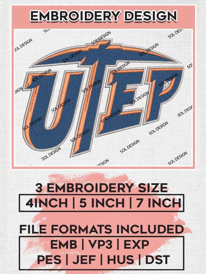 NCAA UTEP Miners Football Team Logo Embroidery Design Files, NCAA UTEP Miners Machine Embroidery, NCAA Teams, Game Day, 3 sizes, NCAA Machine embroidery designs, Digital Download