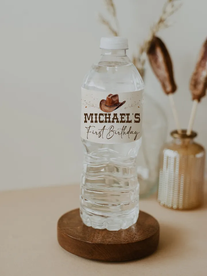 Editable water label First Rodeo Birthday party label; Wild West Cowboy Party; Our Little Cowboy is One Party Birthday ; fr12