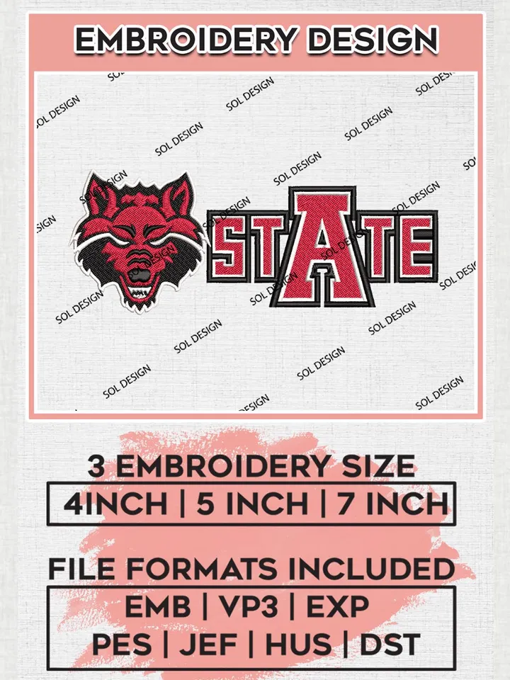 NCAA Arkansas State Red Wolves Machine embroidery designs, NCAA Arkansas State Red Wolves embroidery designs, NCAA embroidery designs, Machine embroidery designs, Digital Download