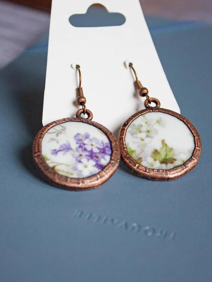 Unique handmade porcelain earrings in a copper frame made using the electroforming process