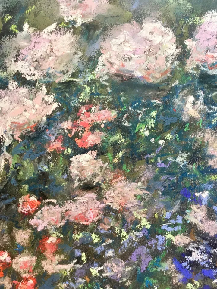 Flower garden,original soft pastel painting on sand paper,Flowers painting Klimt inspired,colourful soft pastel wall art,garden painting.