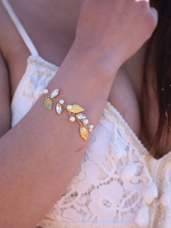 Boho Wedding Bracelet, Gold Leaf Statement Wedding Earrings, Pearl Bridal Bracelet, Statement Wedding Jewelry, Swarovski Crystal Jewellery