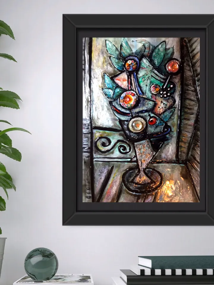 Abstract painting on glass.Mix media modern flowers,glass and watercolour painting with mosaic decoration.Hand made original.Gift for her.