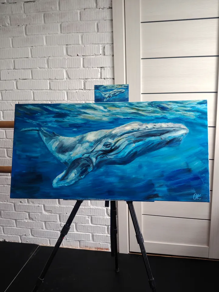 Oil painting blue whale on canvas