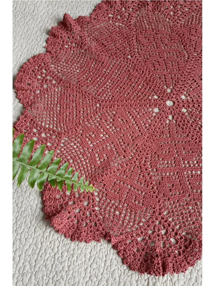 Hand crocheted large cranberry-colored doily 22 inch