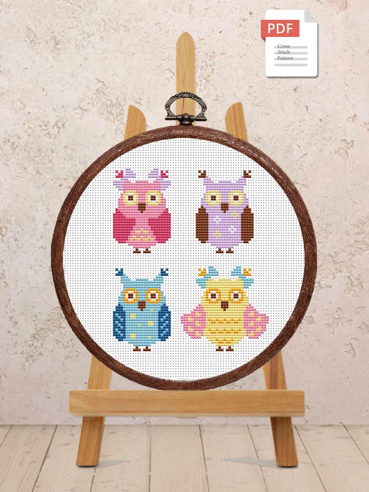 Set of 4 Owls Cross Stitch Pattern, Animal Cross Stitch, Embroidery Owls, Owl Cross Stitch, Modern Cross Stitch #anm037