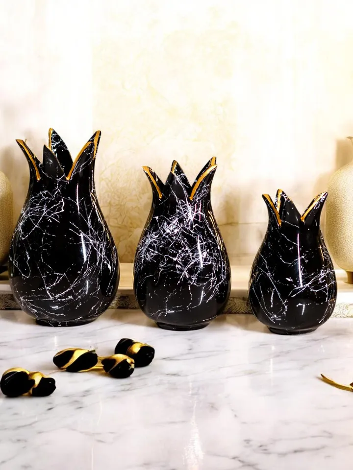 Handmade Brushstroke Design Black and White Trio Vase Set 3 Pieces, Home Decor