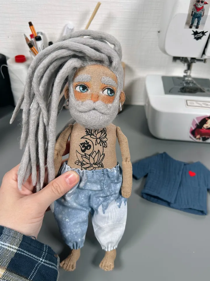 Textile art doll Yoga man with silver dreadlocks