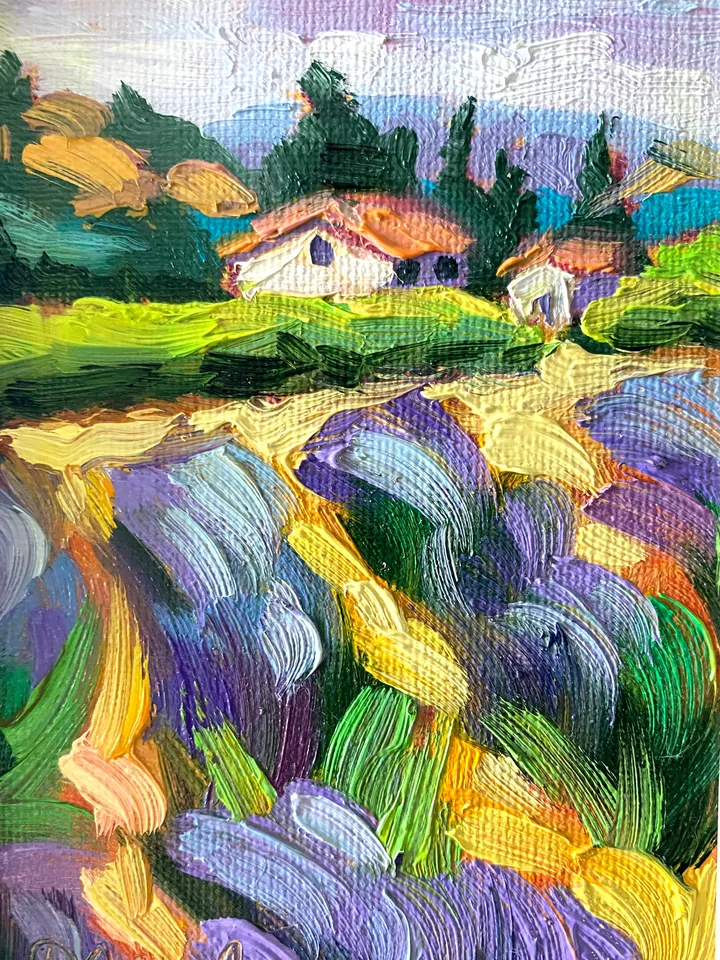 Lavender Fields Painting Tuscany Original Art Landscape Oil Painting Impasto Small Artwork 4x6 Tuscan Serenity Painting Wild Flowers