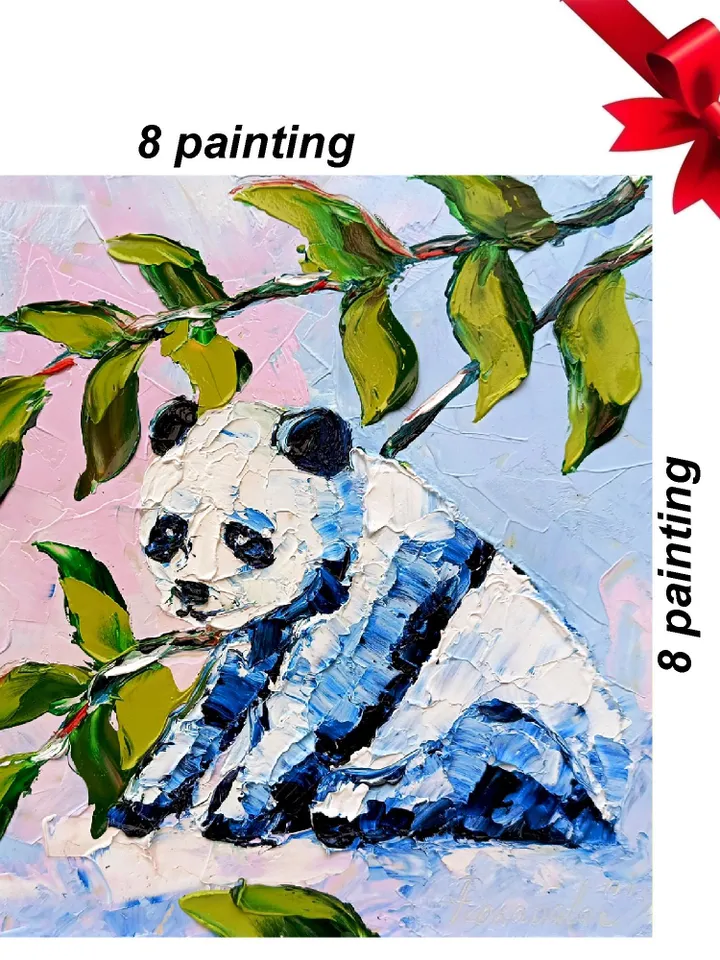 Panda Painting Panda Wall Decor Original Art Impasto Oil Painting Farm Small Artwork Gift 8x8 in by ArtProkopaloSv