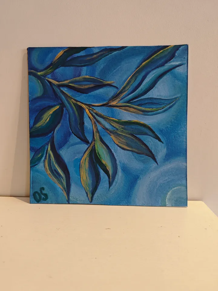 Floral Original Painting Floral Blue Abstract Original Art Blue Leaves Modern Artwork Abstract Blue Floral Oil Painting 8 x 8 inches by OlgaSokolovaArt