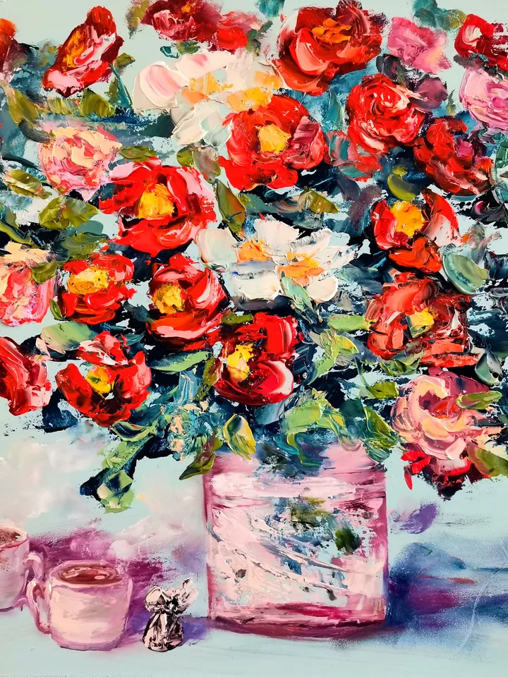 Roses Flower Coffee Candy Oil Painting Impasto Original Artist Svinar Oksana