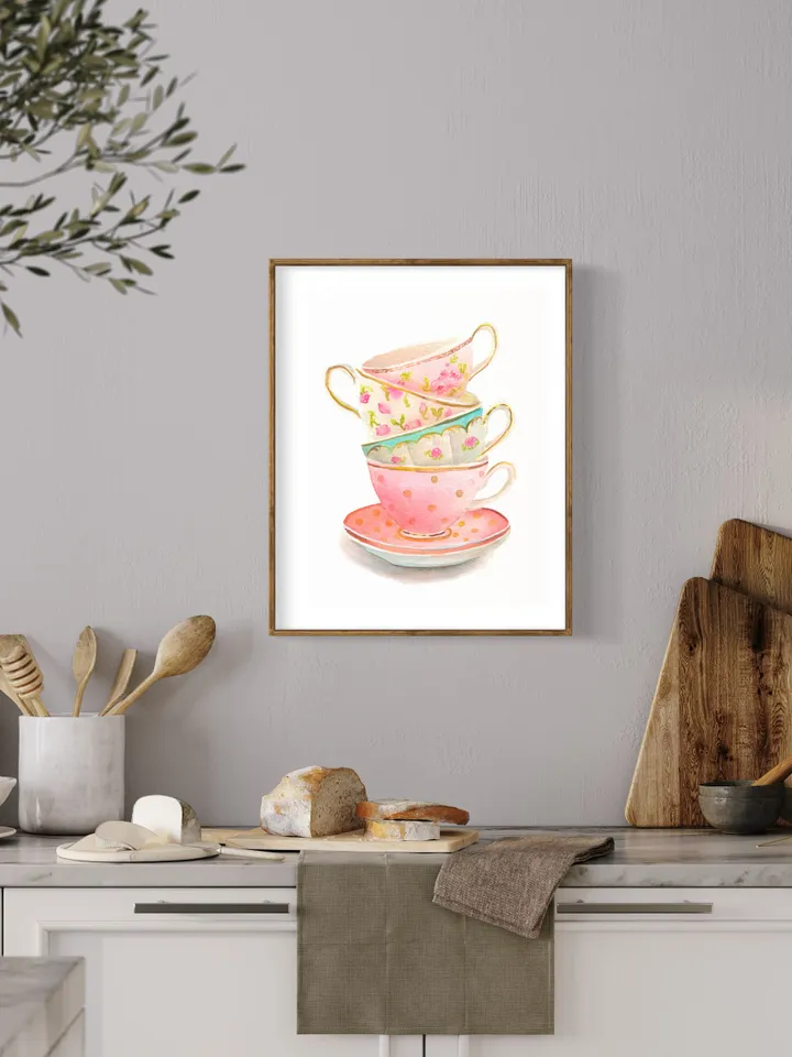 Tea Cups Watercolor Painting, Kitchen Wall Art, Tea Lover Gift, Tea Party, Vintage Kitchen Art, Art For Kitchen, Tea Time, Tea Decor