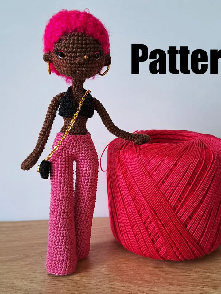 Pattern Black doll in pink. pattern Crochet african doll. afro american doll. crochet dark skin doll
