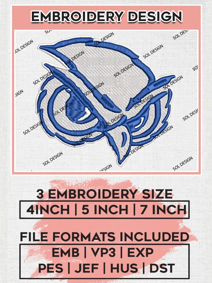 NCAA Florida Atlantic Owls Head Mascot Logo Embroidery Design Files, NCAA Florida Atlantic Owls Team Embroidery, NCAA Game Day, Machine embroidery designs, Digital Download
