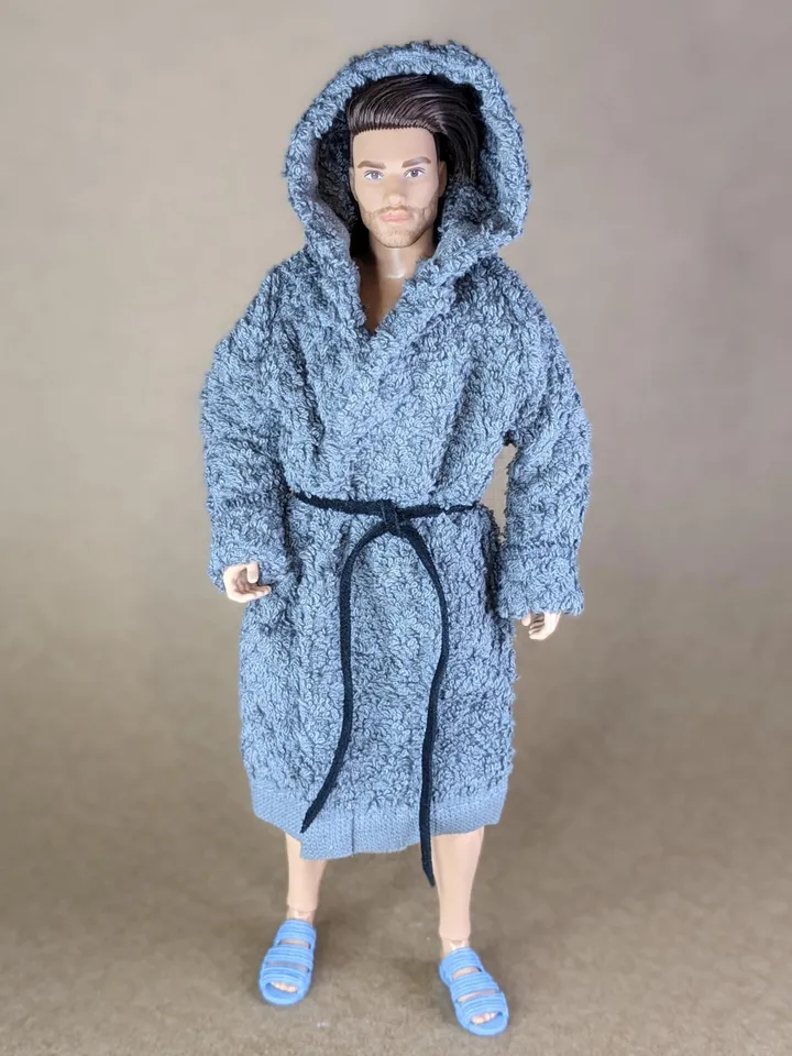 Gray terry bathrobe with a hood for 12-inch fashion male doll