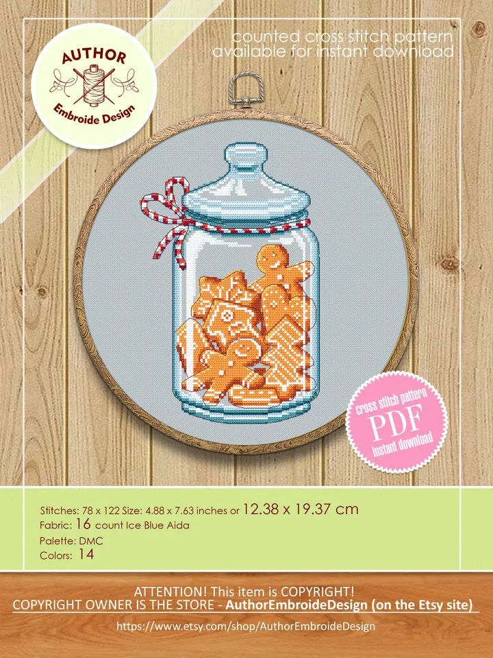 Christmas gingerbread cross stitch pattern download PDF, Christmas jar cross stitch chart, Holiday hand embroidery PDF, Sweet Christmas #N85