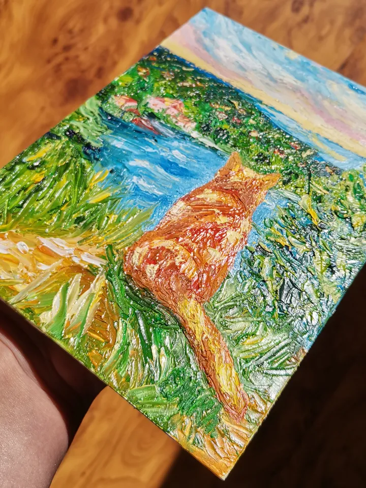 Textured oil painting "A red cat above eternal rest", 15x20*0.2 cm., 5,906x7,87 inches, 3d, impasto