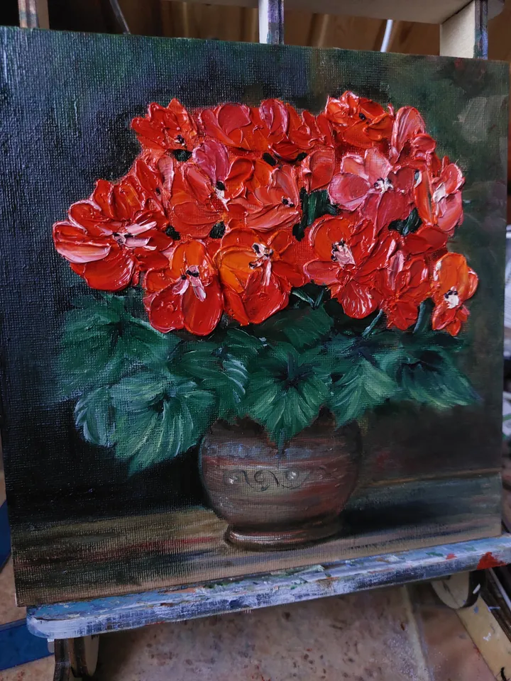 Oil painting "Geranium Flowers" 8х8 inc
