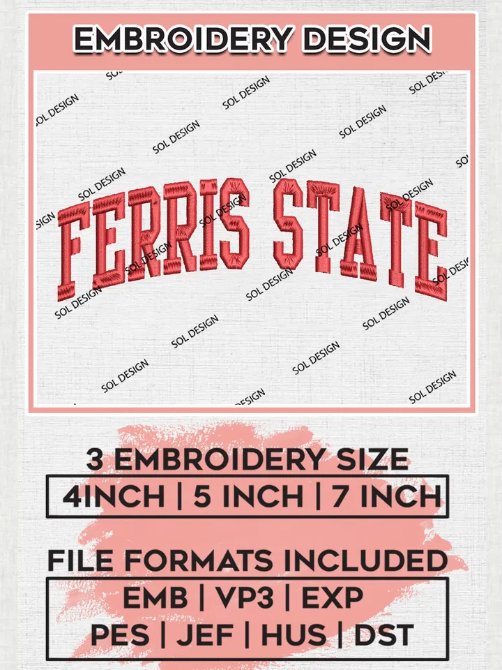 NCAA Ferris State Team Word Logo Embroidery Design Files, NCAA Ferris State Bulldogs Machine Embroidery, NCAA Teams, 3 sizes, NCAA Machine embroidery designs, Digital Download