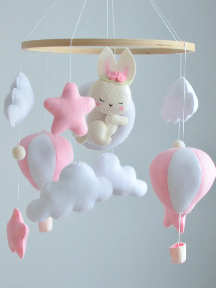 Hand sewn Bunny baby mobile for nursery decor with balloons ,clouds and stars