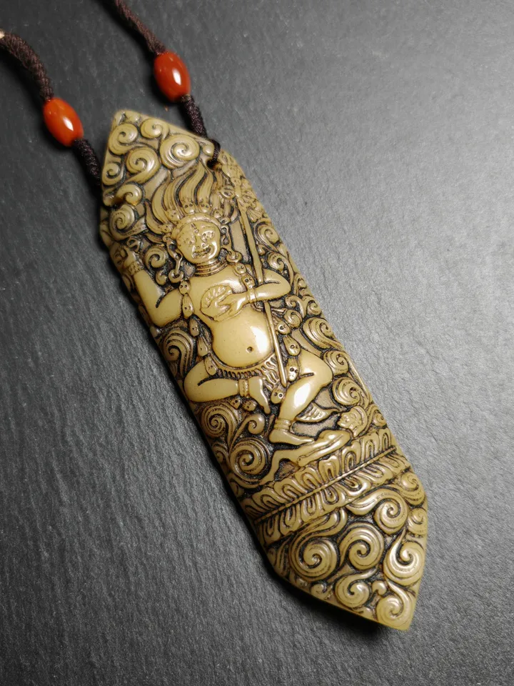 Gandhanra Vintage Yak Bone Carved Troma Nagmo Amulet - Tibetan Buddhist Black Dakini Female Deity Pendant
