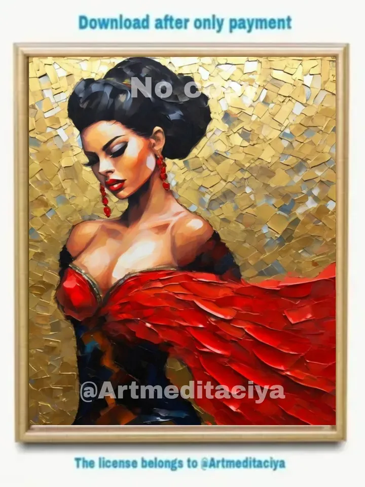 Digital abstract textural painting "Dancing Carmen" in the style of impasto palette knife oil painting on an abstract golden mosaic background with white and gray is a 3d image of a dynamic Spanish brunette with fluffy eyelashes, in a black and red neckli