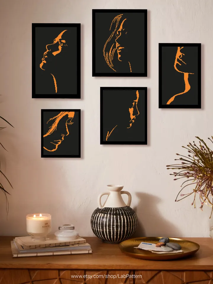 Female Silhouettes Bundle of 5 cross stitch pattern, woman, portrait, home decor, counted, chart, gift DIY, embroidery, instant PDF
