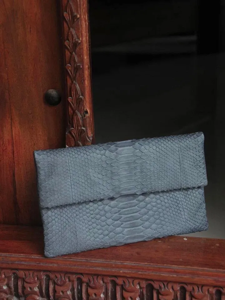Genuine Python Skin Grey Clutch | Small Evening Classy Elegant Snake Python Leather Flat Clutch | Small Purse | Reptile Bags