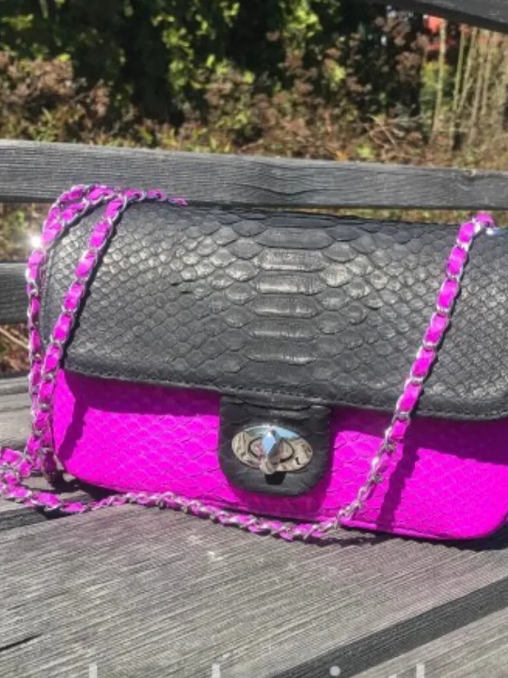 Genuine Python Skin Crossbody Chain Bag | Bright Summer Bag | Elegant Women Bag | Chain Strap Crossbody Black and fuchsia classy Purse