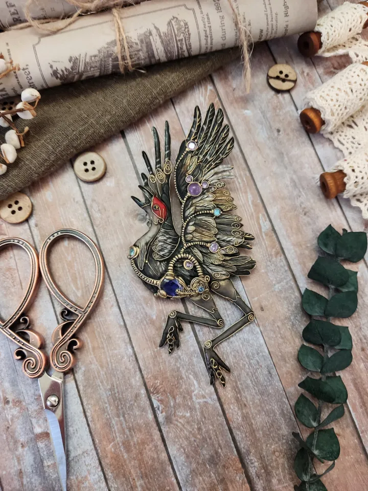 Dancing Crane brooch, bird brooch, crane, bird jewelry, brooch with stones