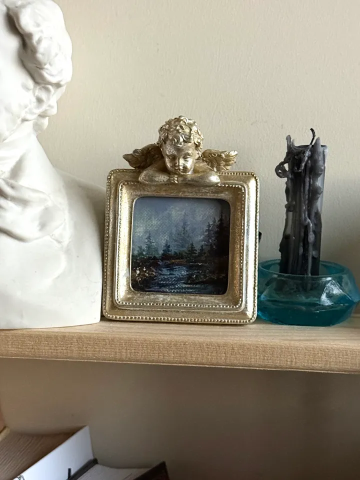 Small Landscape Painting Framed Original Foggy Cliff Painting Antique Misty Art Coastal Gold Frame Tiny Paintings 4 x 4 Art Victorian artwork