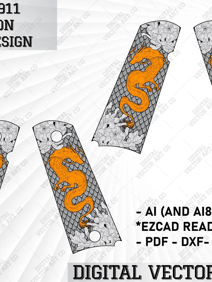 Colt 1911 Vector Dragon Grips Design.svg 1911 grips design,custom grips design,laser engraving,grips engraving.