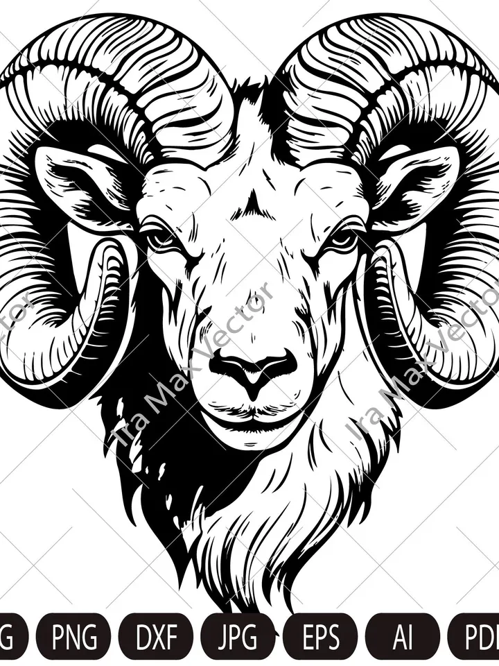 Ram Head SVG, Ram SVG, Aries, Sheep, Farm Animal Graphics Illustration, T-Shirt , Printable Clip Art ,Vector Digital Dxf Png Eps ,Ram logo