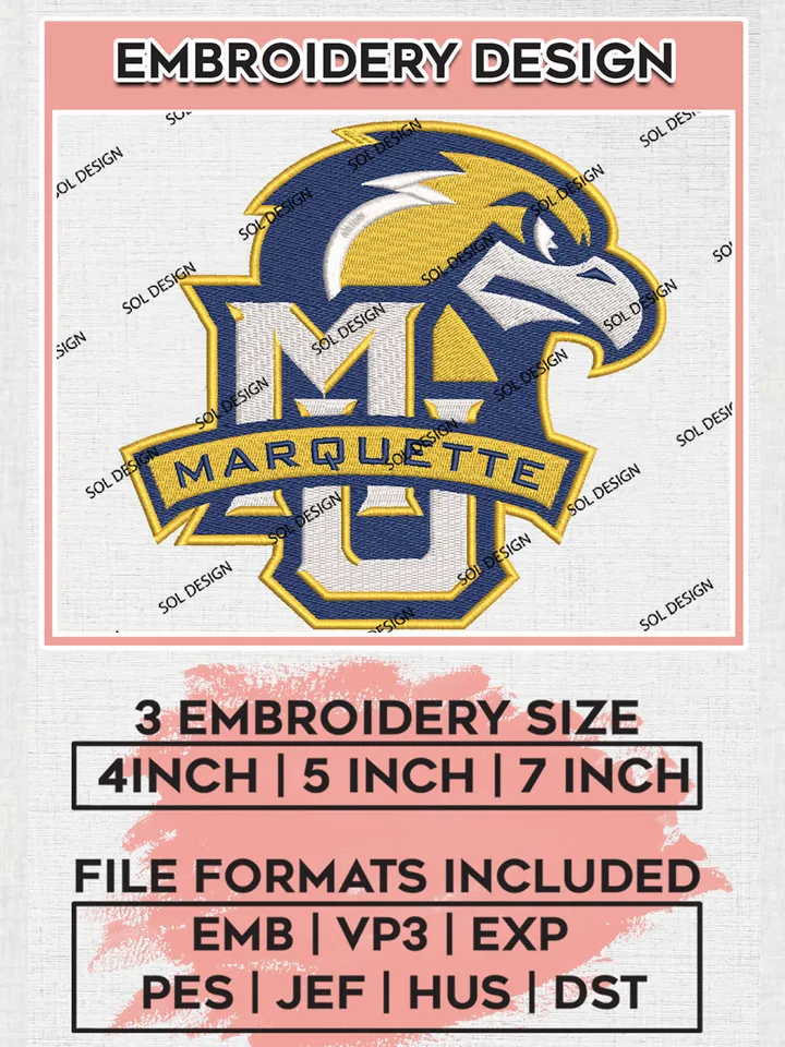 MU Marquette College Team Logo Embroidery Design Files, NCAA Marquette Golden Eagles Machine Embroidery, NCAA Teams, 3 sizes, NCAA Machine embroidery designs, Digital Download