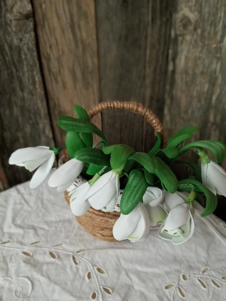 Snowdrops in a Basket - Handmade Floral Composition. Gifts for her Christmas present Indoor place