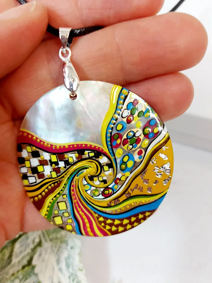 Pearl pendant necklace: Abstract Spiral painting in Klimt style on Graceful Handcrafted Pendant • Delicate handmade jewelry for bright girl
