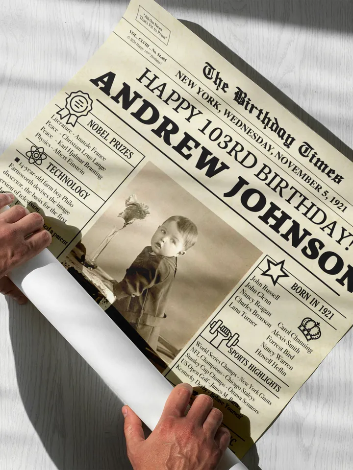 103rd birthday, 103rd birthday newspaper poster sign, custom gift for grandma, gift for grandma from granddaughter, unique gift for grandma