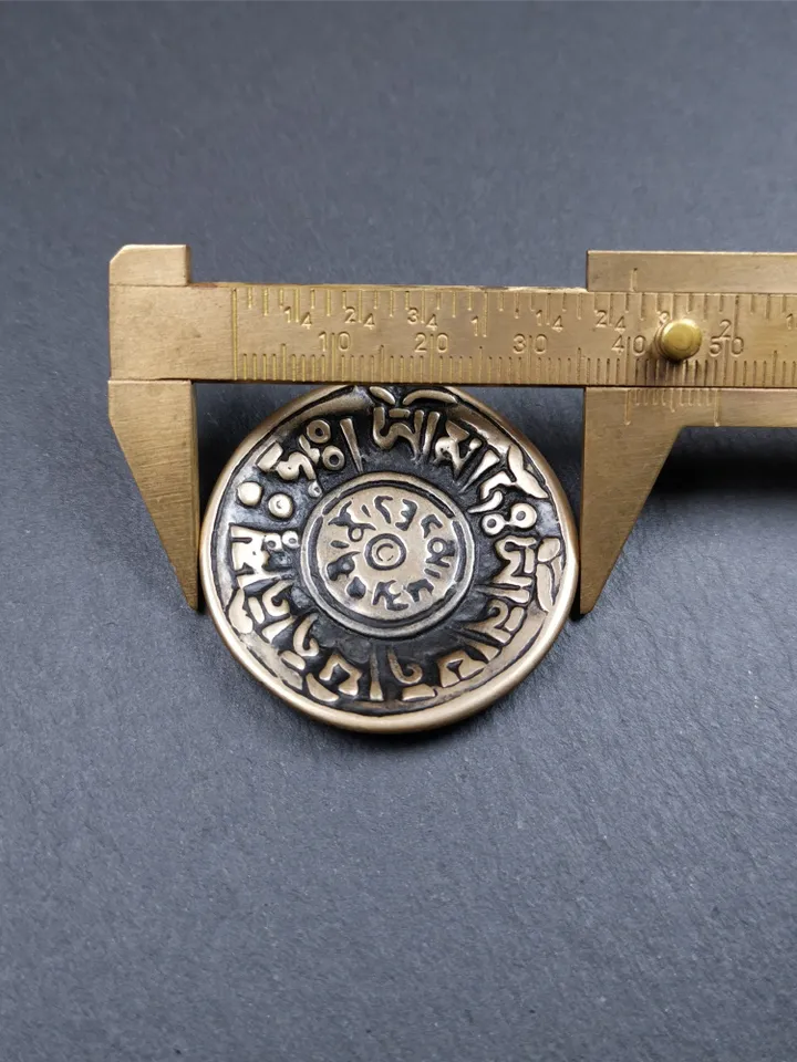 Gandhanra Vintage Tibetan Buddhist Amulet,Om Badge Pendant, Mantra of Om Mani Padme Hum, Made of Lima Brass,1.58&quot;