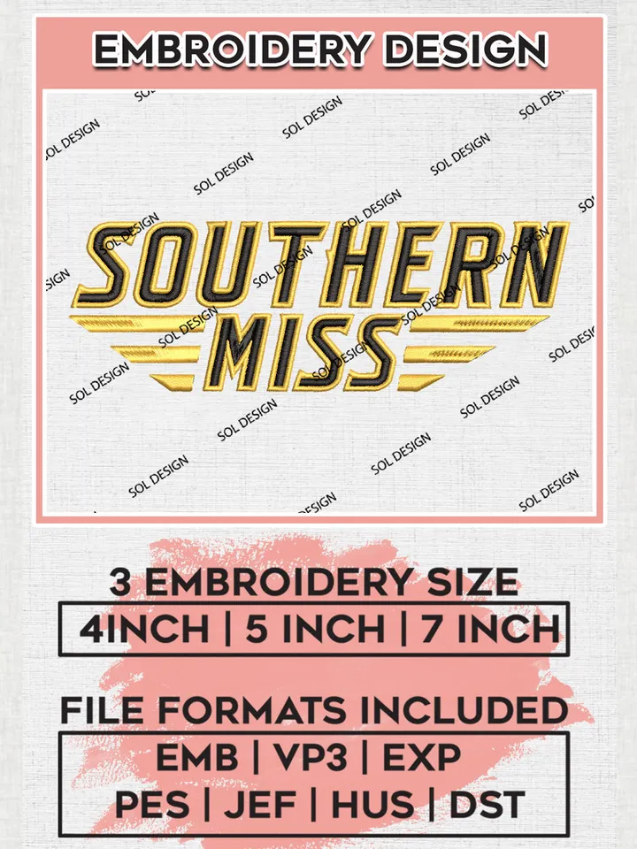 Southern Miss Team Head Wordmark Logo Embroidery Design Files, NCAA Southern Miss Golden Eagles Machine Embroidery, NCAA Teams, Game Day, 3 sizes, NCAA Machine embroidery designs, Digital Download